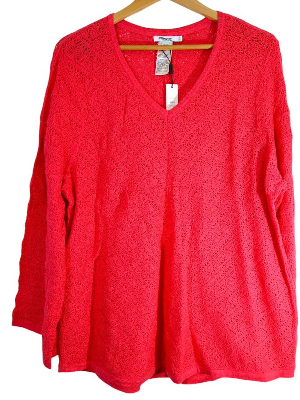 Chicos Cashmere Blend Pointelle Sweater Pink Red V Neck Pullover Size 4 NWT